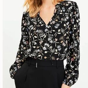 LOFT Floral Ruffle Tie Neck Blouse,